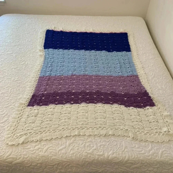 Afghan Crochet Blanket Size 54”x38” Ivory Blue Purple Lacy Edge Hand Crafted New - Picture 1 of 6